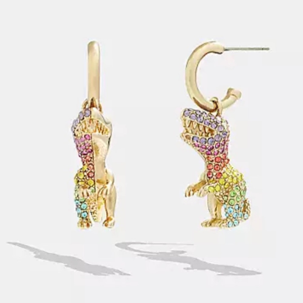 NWT Coach Pavé Rexy Huggie Earrings Dinosaur Crystal Rainbow Hanging Hoop Post - Picture 3 of 9
